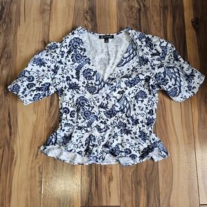 INC International Concepts Puff Sleeve Shirt Floral Blue White XS NWOT